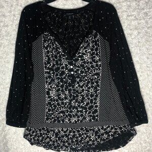Lucky Brand‎ Moon Mix Peasant Boho Women's Blouse Black Size Large